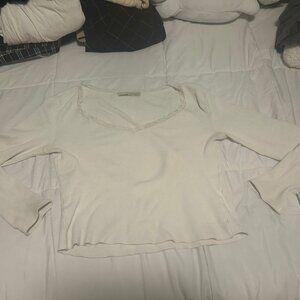 Pull&Bear Lace trim neckline t-shirt in off white